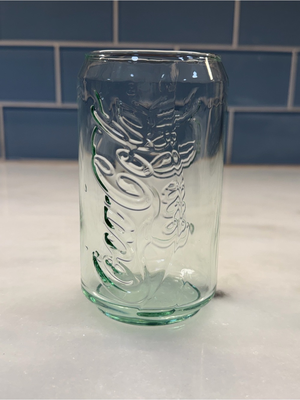 Coca-Cola Embossed Green Tint Glass Tumbler Can Shape Coke Drinking Glass